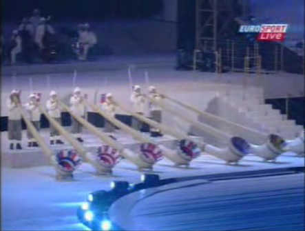 Alphorn players at the 2006 Winter Olympic opening ceremony.