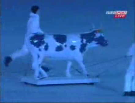 Skater pushing a holstein replica at the 2006 Winter Olympic opening ceremony.