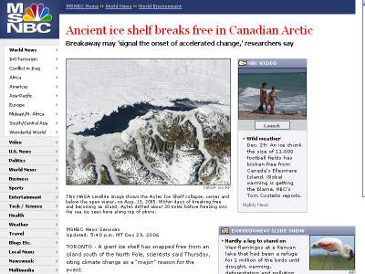 Screen capture of MSNBC Ayles ice shelf article scaled to 400 x 300 and lossily compressed with JPEG.