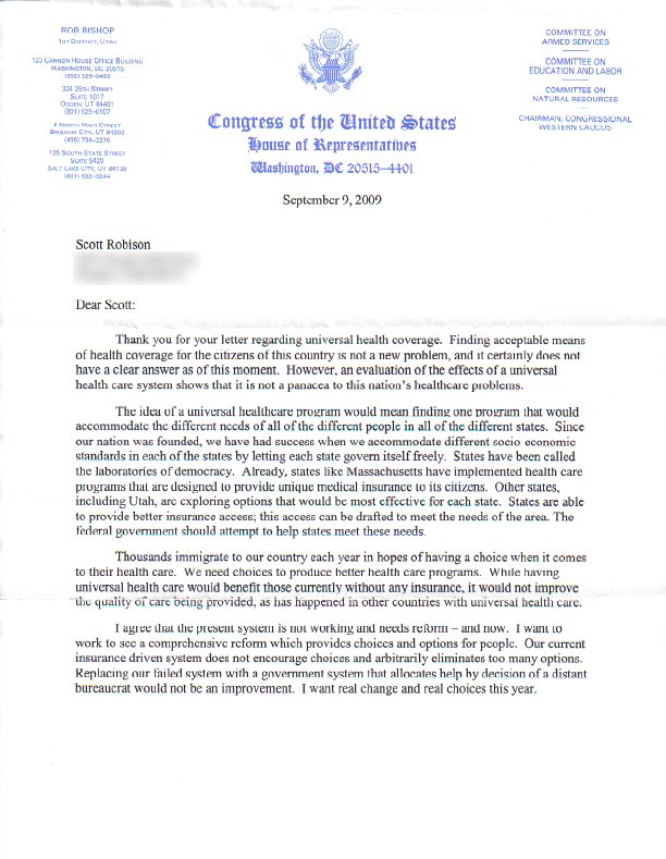 Page 1 of letter from Representative Rob Bishop dated 9 Sep 2009